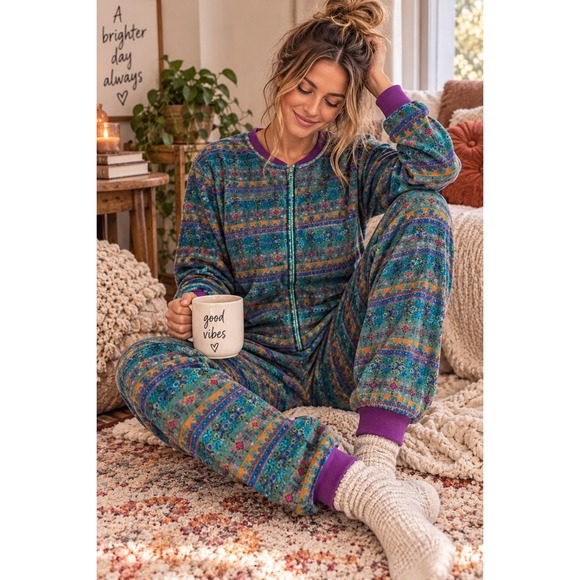 NATURAL LIFE Other - Natural Life Women Teal Purple Floral Fleece One Piece Sleepwear Jumpsuit L/XL